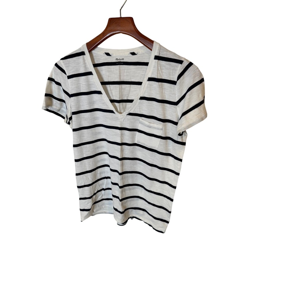 Madewell Womens Medium V-Neck Striped Pocket T-Shirt Cream Navy Blue G2194